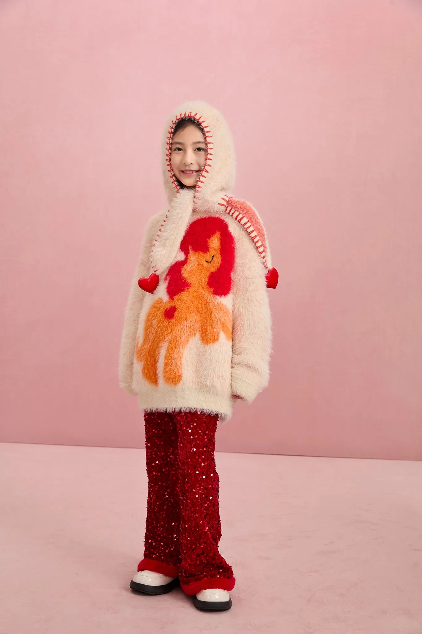 Poco Blush Fluffy Earflap Knit Hat with Heart Charms