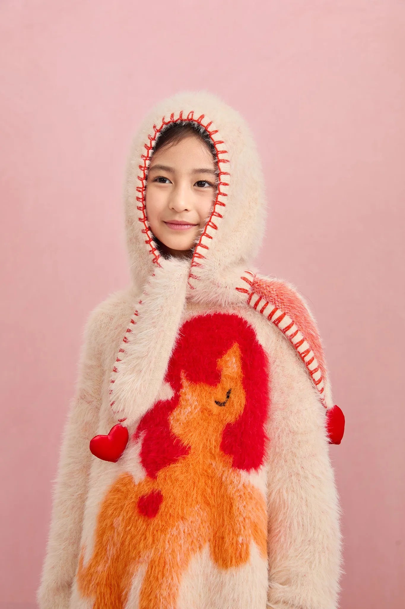 Poco Blush Fluffy Earflap Knit Hat with Heart Charms