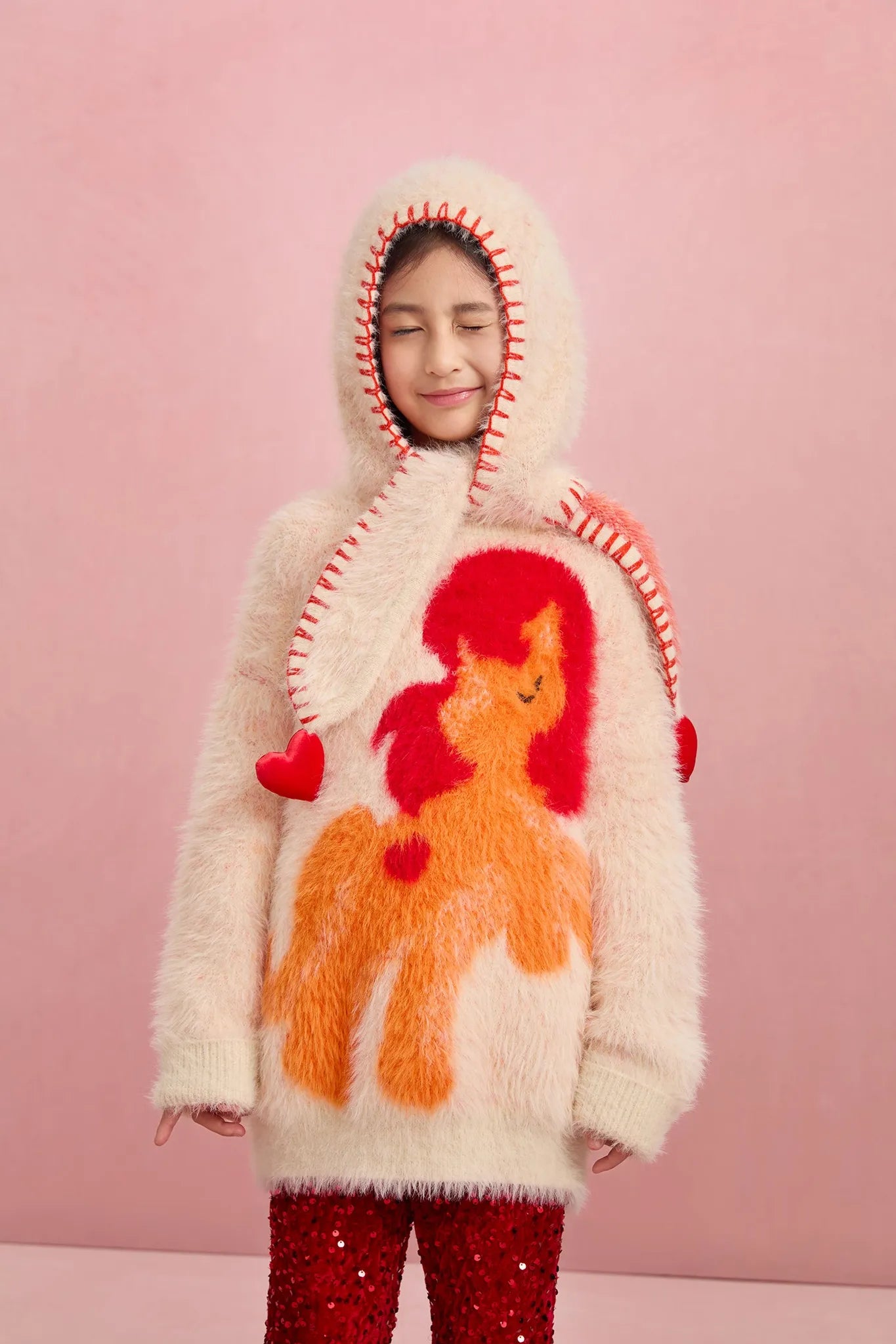 Poco Blush Fluffy Earflap Knit Hat with Heart Charms