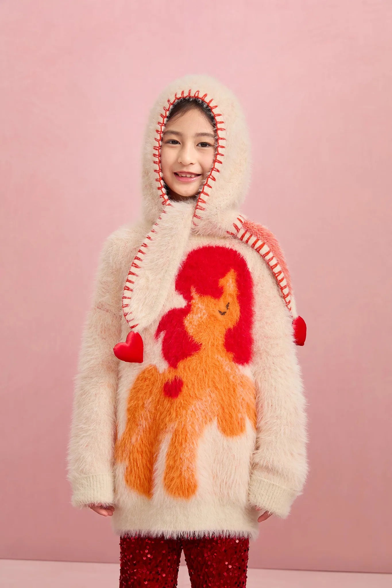 Poco Blush Fluffy Earflap Knit Hat with Heart Charms