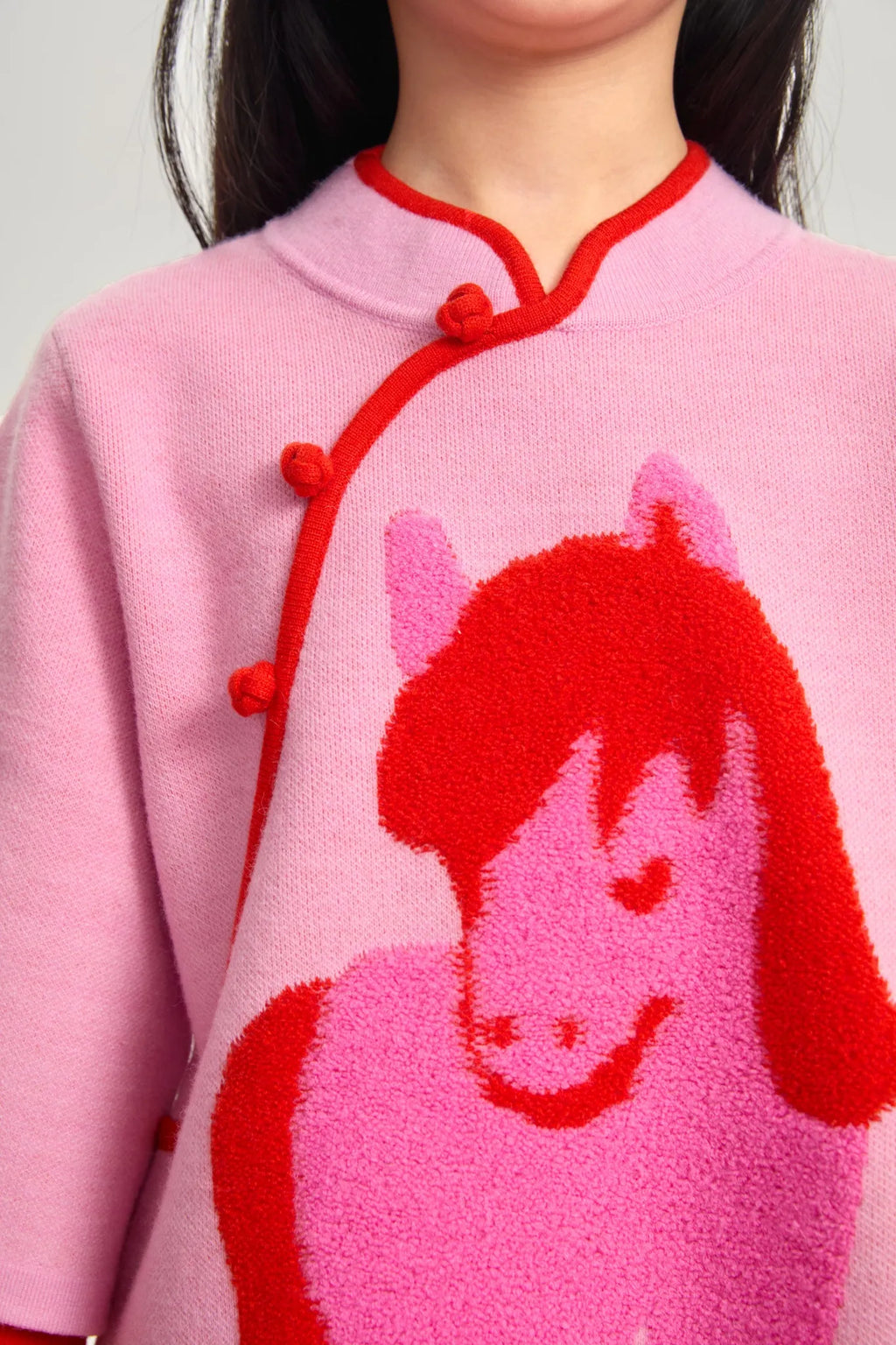 Poco Blush "The Year of Horse" Lunar New Year Knit Sweater with Frog Buttons