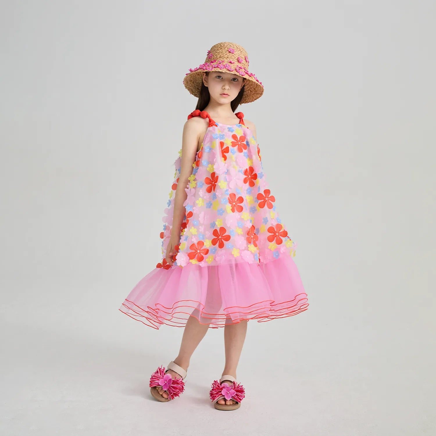 Poco Blush Tropical Bloom Embroidered Mesh Dress