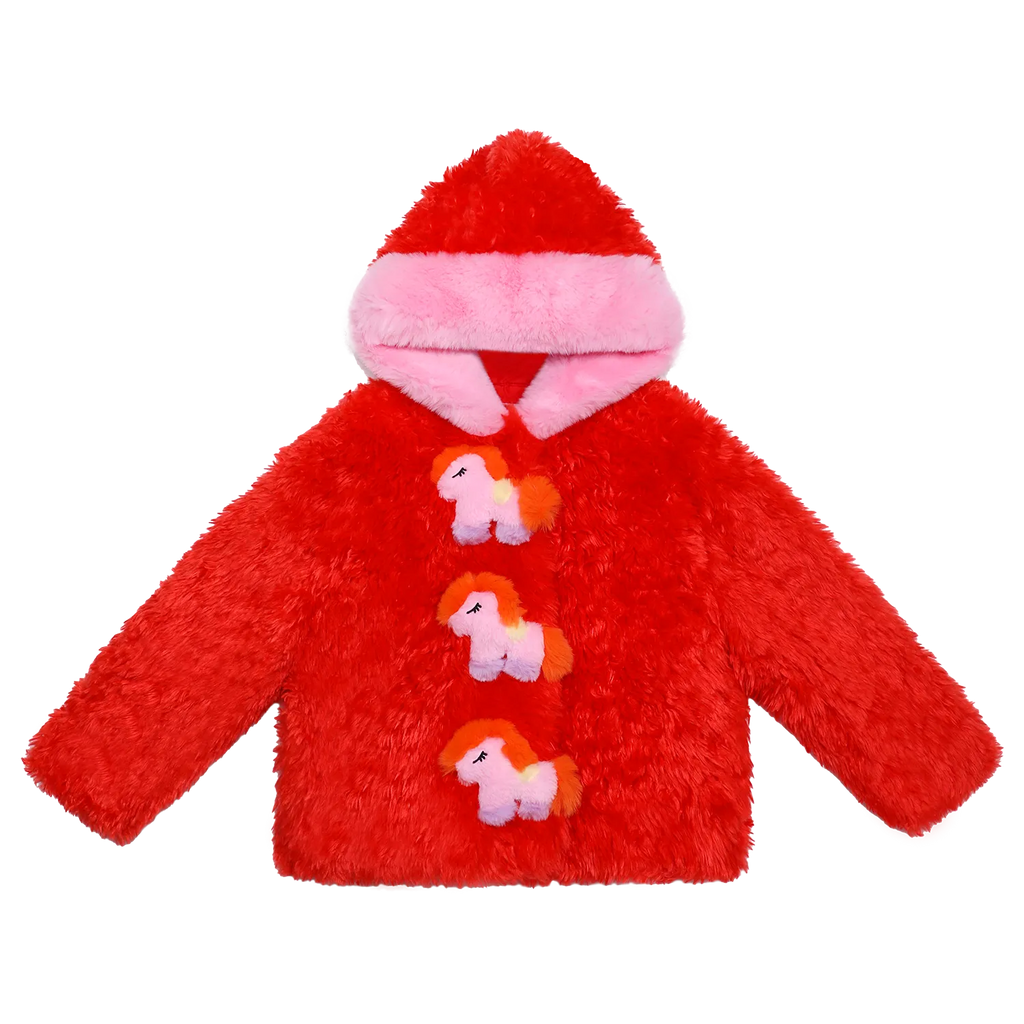 Poco Blush "The Year of Horse" Quilted Puffer Jacket with Plush Pony Toy Red