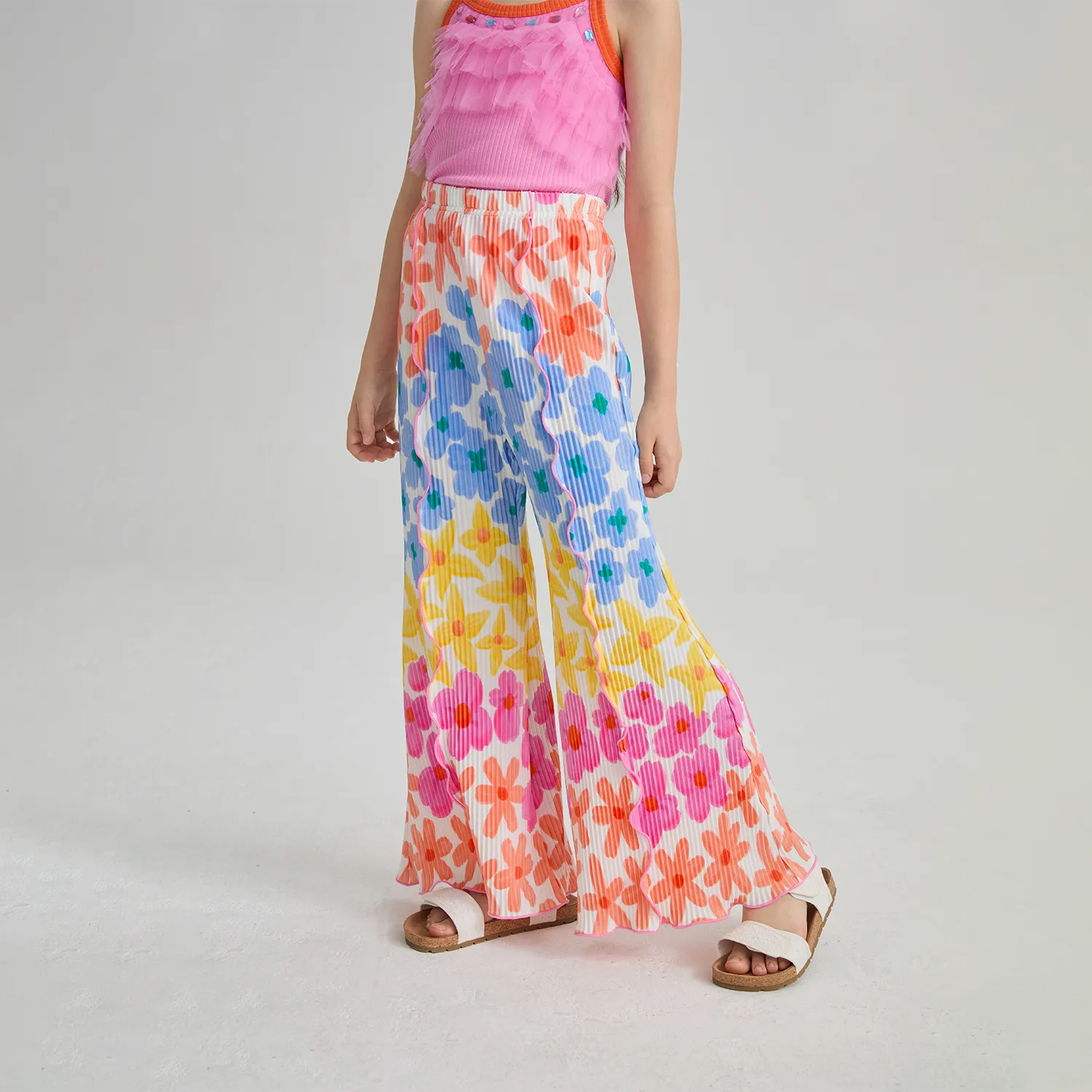 Poco Blush Palm Leaf Pleated Flare Pants