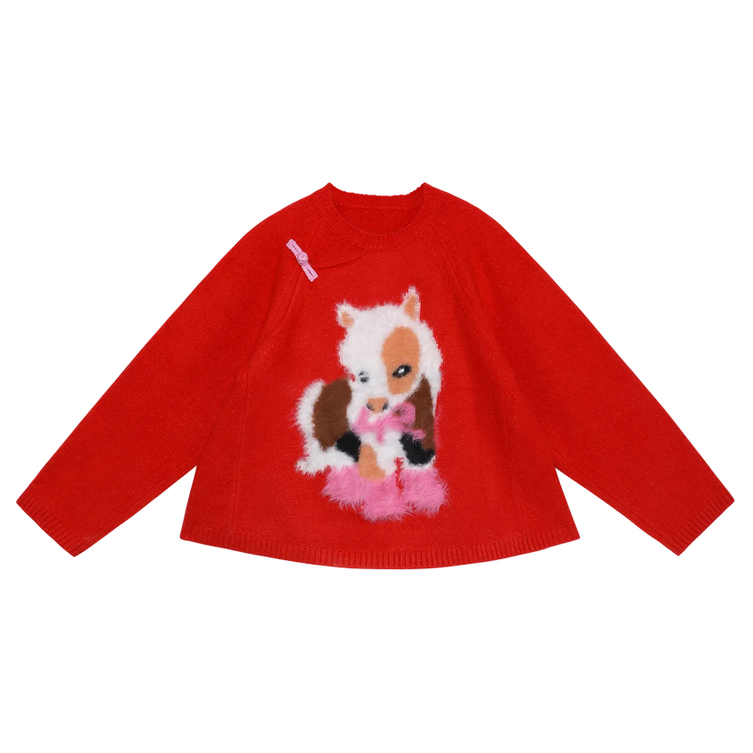 "The Year of Horse" Jacquard Knit Sweater with Frog Buttons by Poco Blush