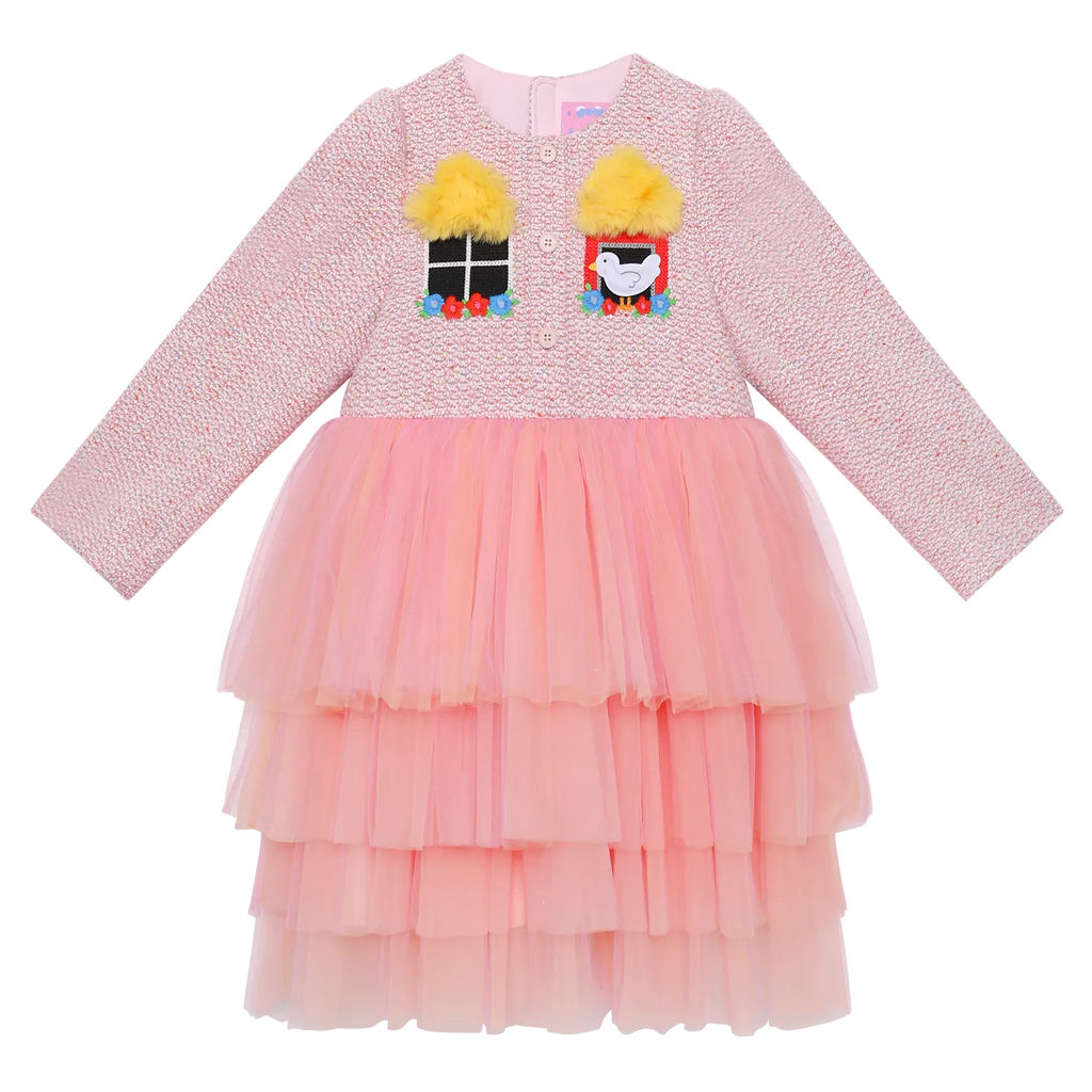 Poco Blush Bird at the Window Mesh Tweed Dress