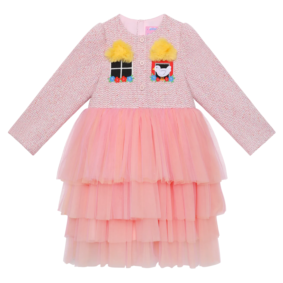 Poco Blush Bird at the Window Mesh Tweed Dress