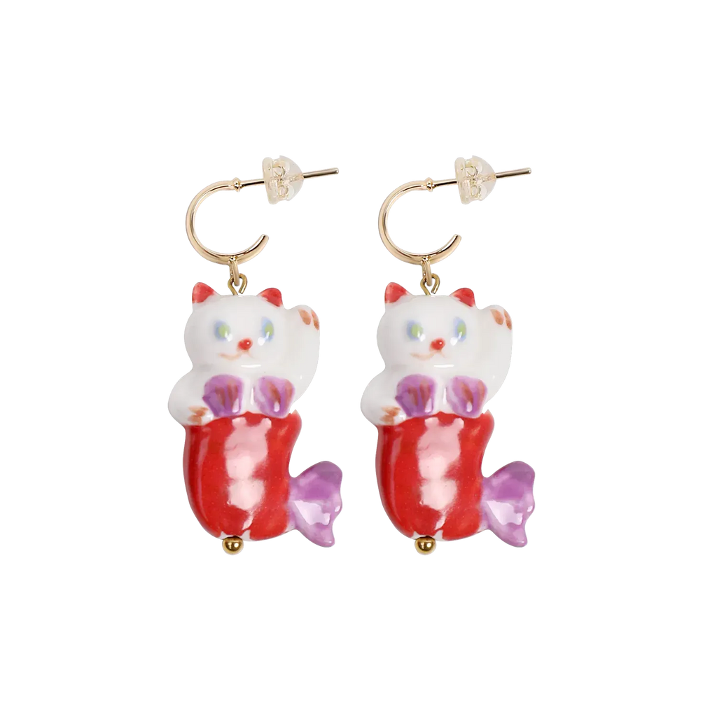Poco Blush Hawaiian Mermaid Cat Ceramic Earrings