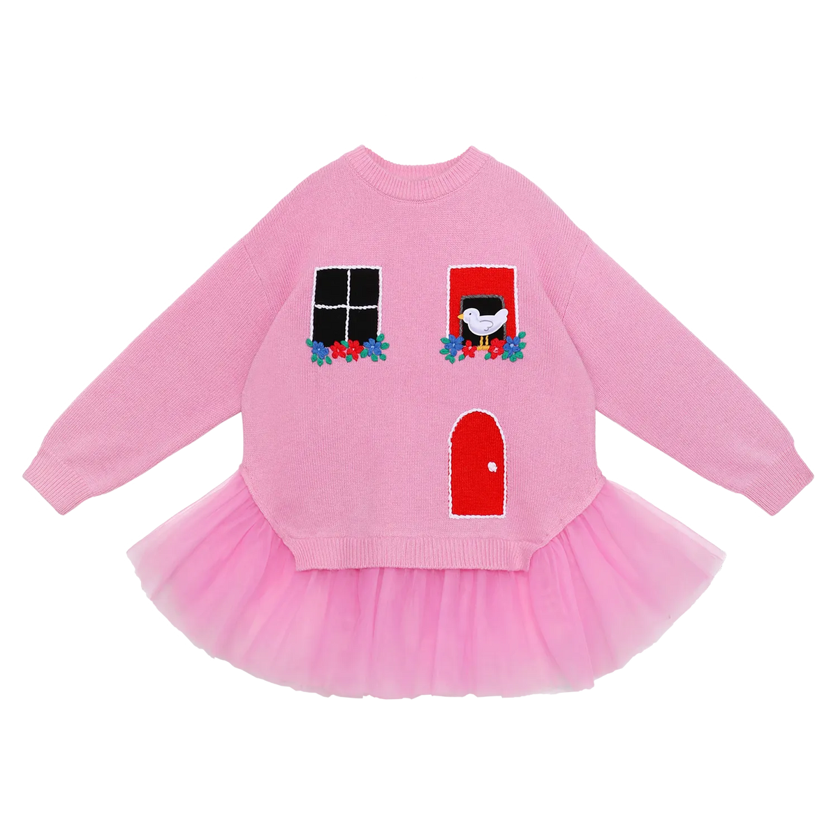 Poco Blush Bird at the Window Mesh Knit Sweater Pink
