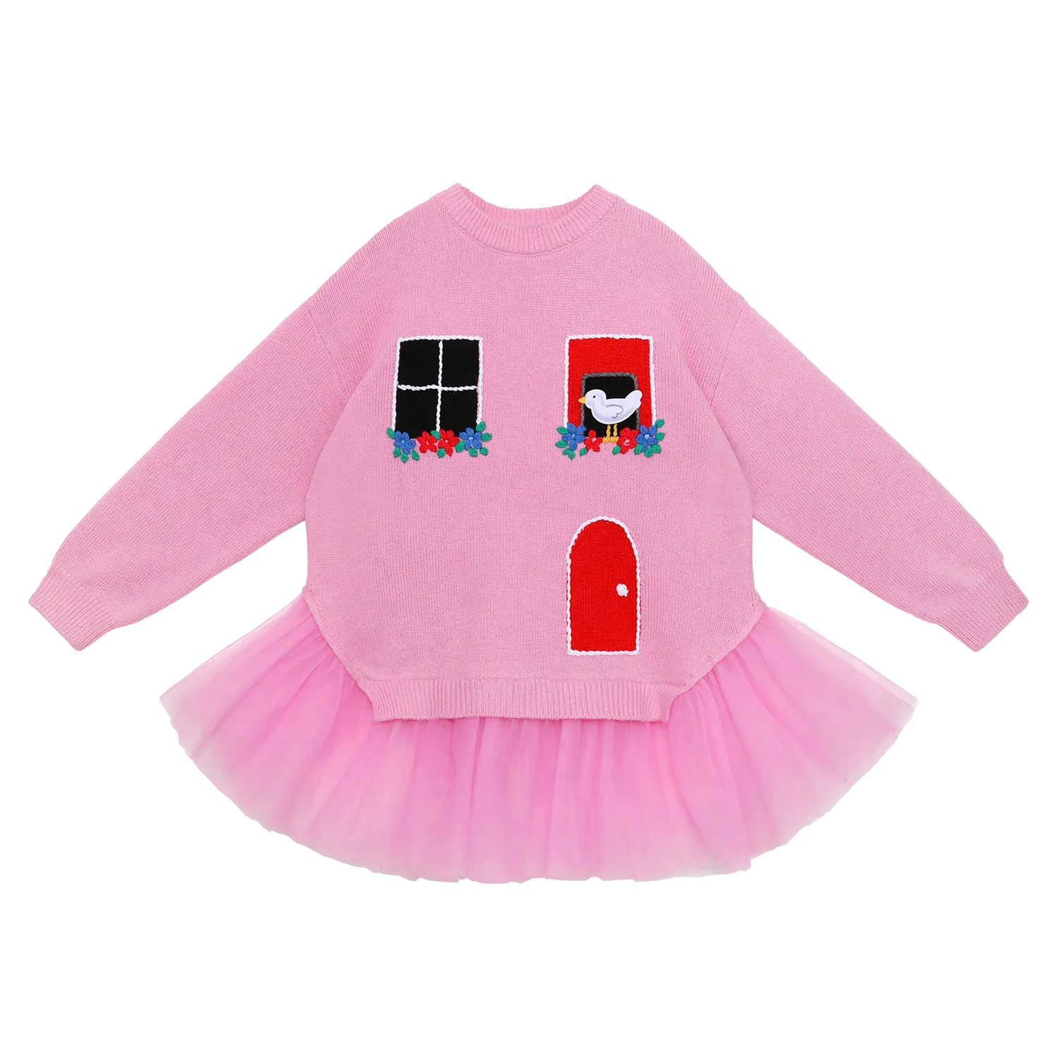 Poco Blush Bird at the Window Mesh Knit Sweater Pink