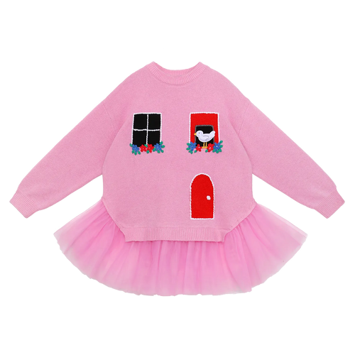 Poco Blush Bird at the Window Mesh Knit Sweater Pink