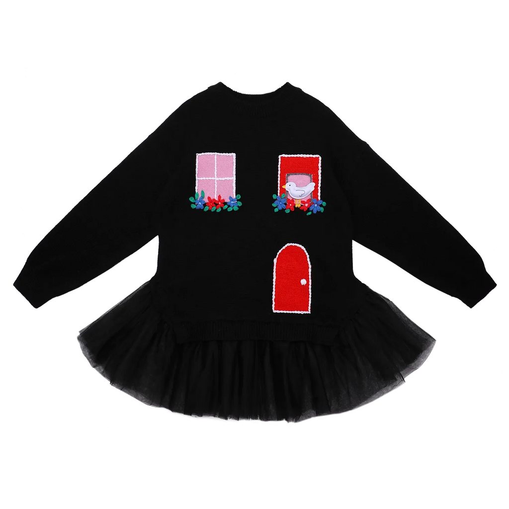 Poco Blush Bird at the Window Mesh Knit Sweater Black