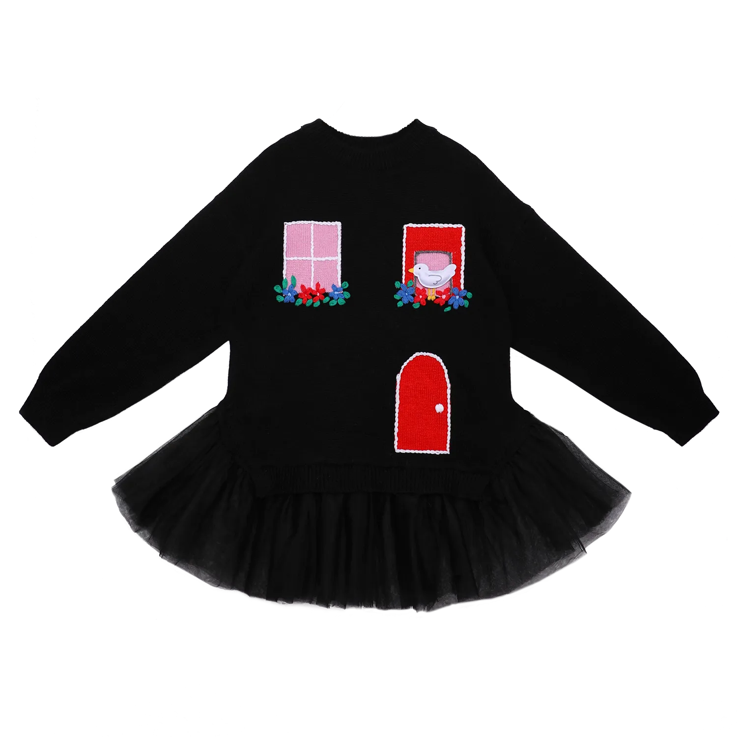 Poco Blush Bird at the Window Mesh Knit Sweater Black