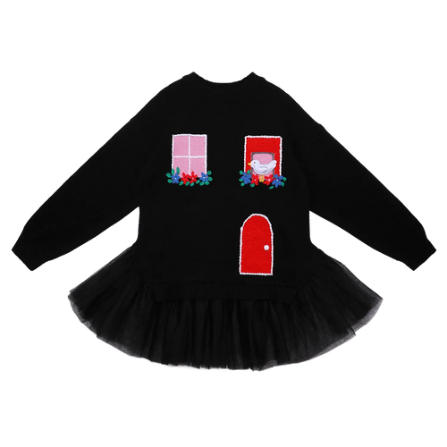 Poco Blush Bird at the Window Mesh Knit Sweater Black