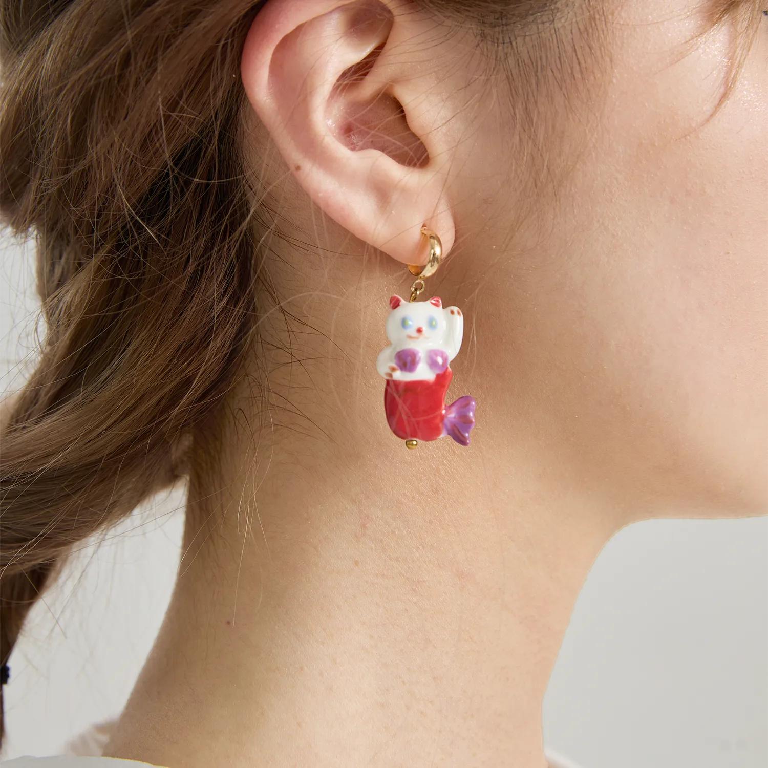 Poco Blush Hawaiian Mermaid Cat Ceramic Earrings
