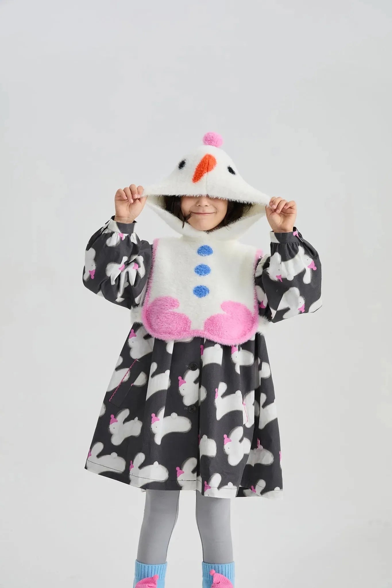 Poco Blush Bunny & Snowman Cotton Trench Coat + Vest