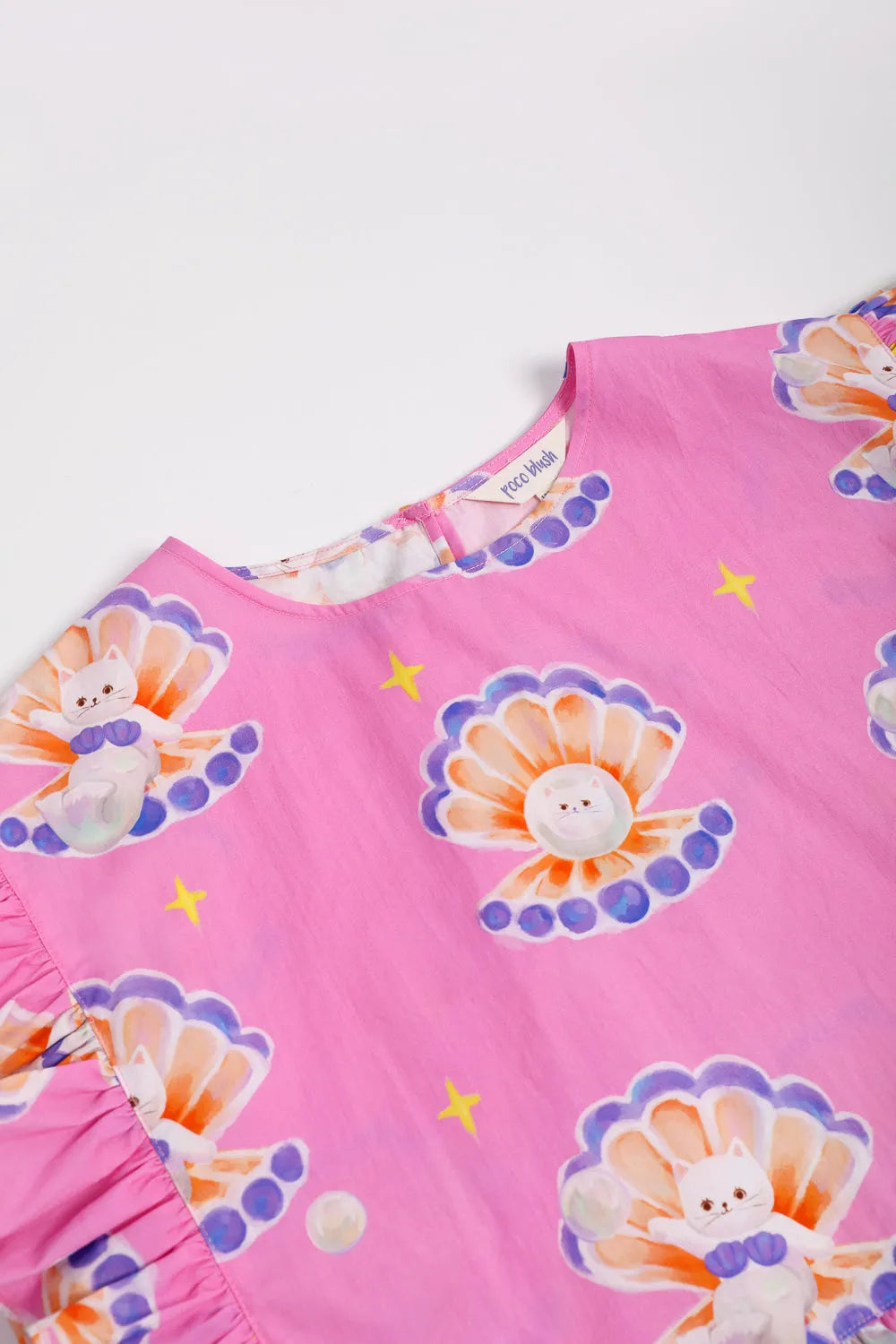 Poco Blush Pearl Cat Cotton Ruffle Top