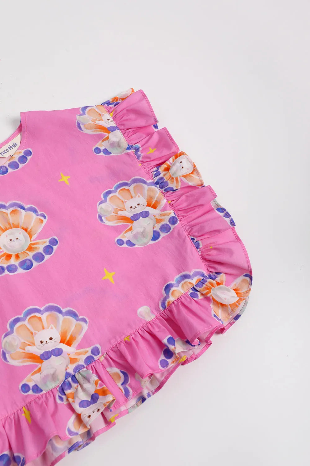 Poco Blush Pearl Cat Cotton Ruffle Top