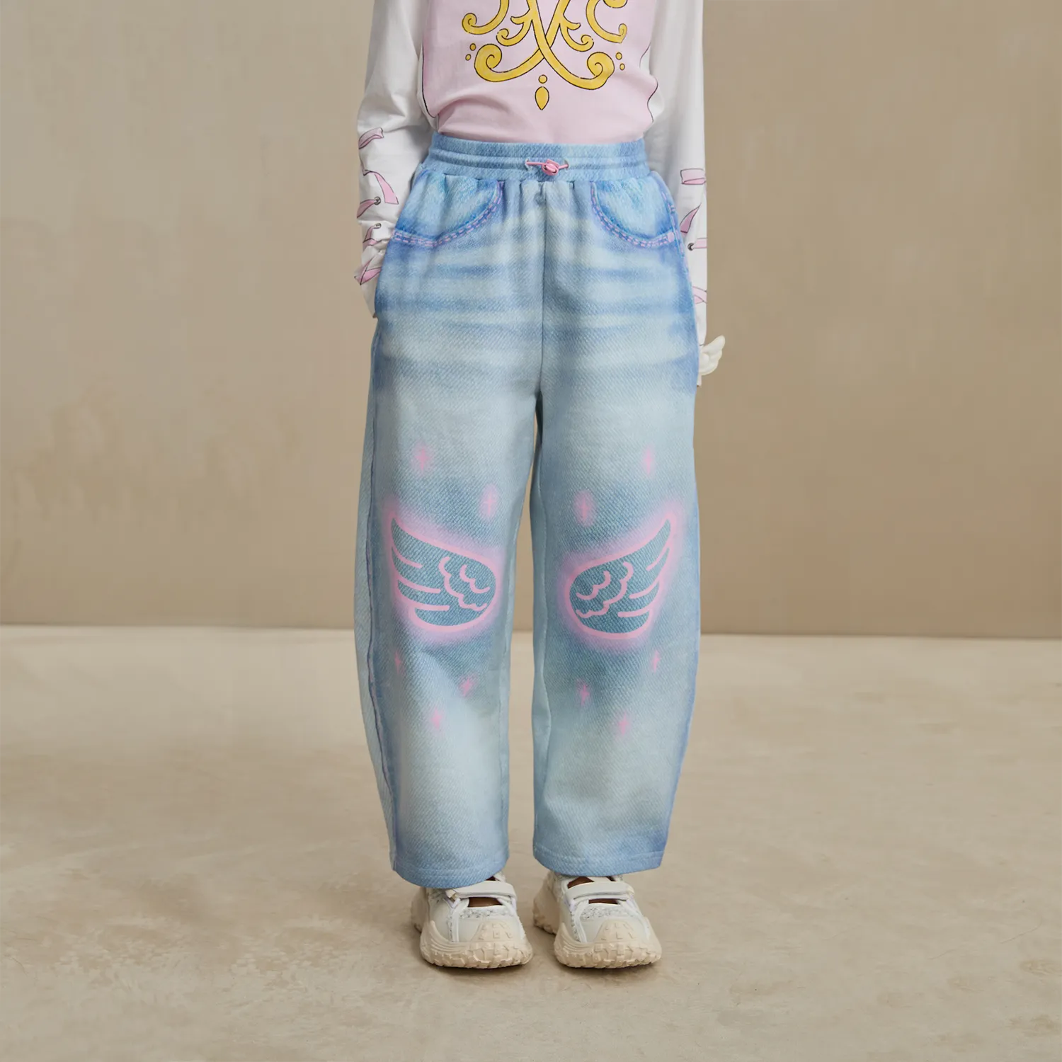 Poco Blush Denim Joggers with Wing Print