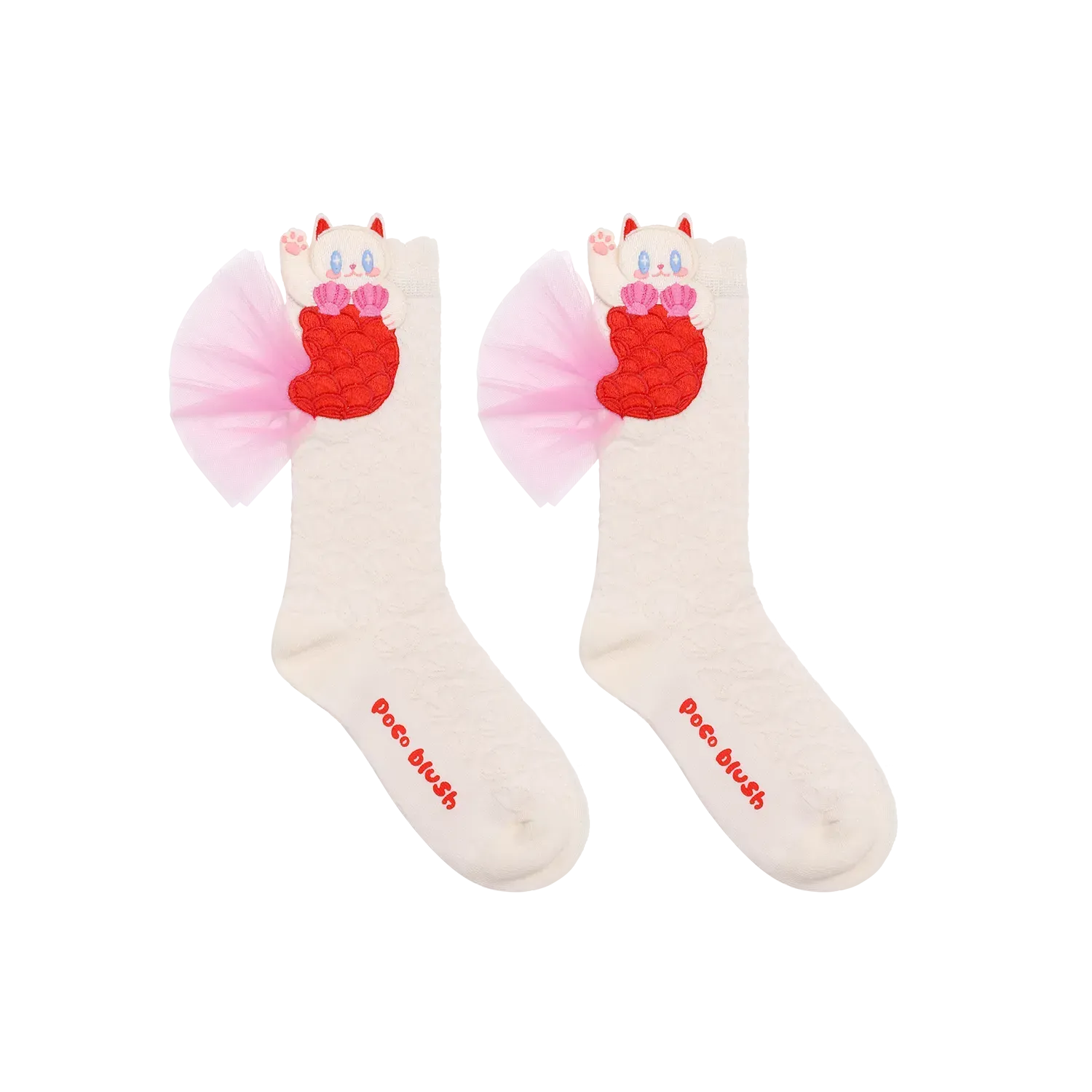Poco Blush Mermaid Cat Shell Embroidered Socks
