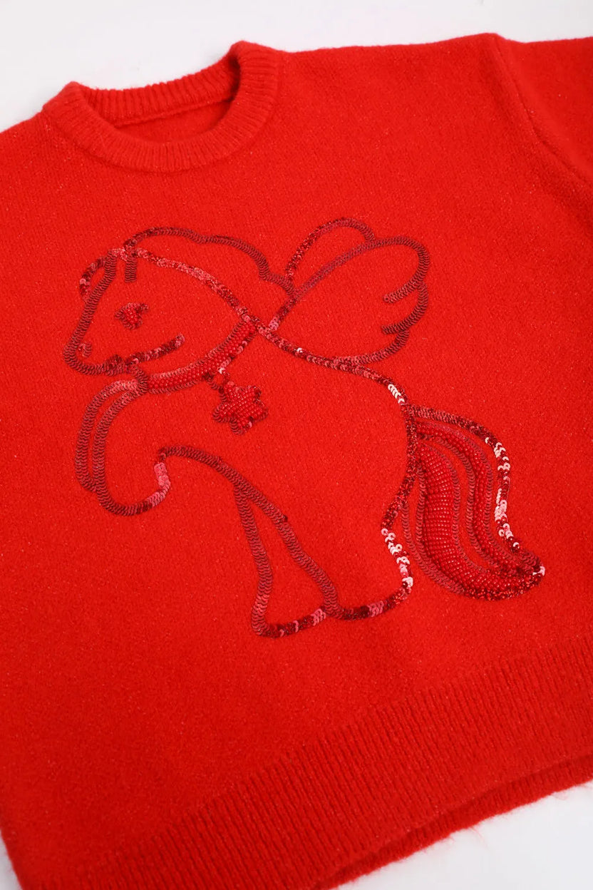 "The Year of Horse" Sequin Embroidered Knit Sweater by Poco Blush, image 9