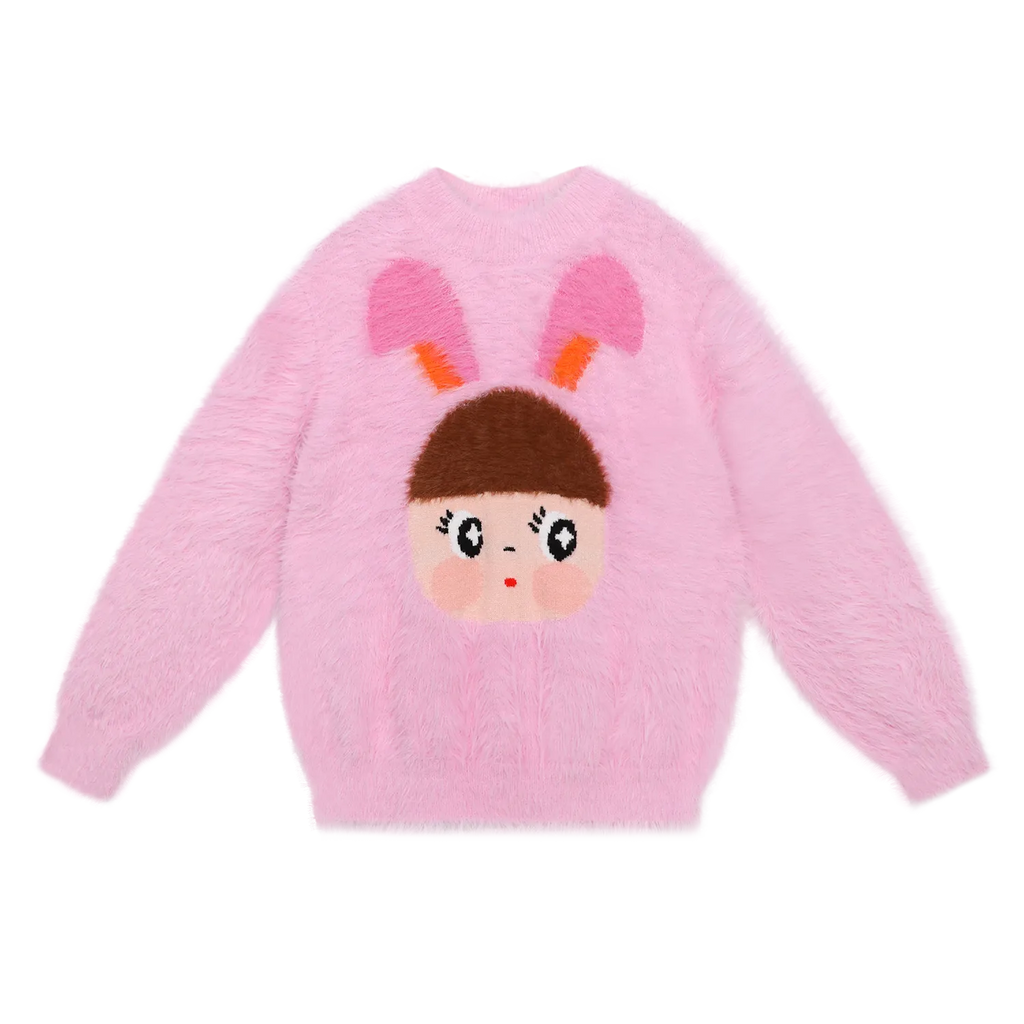 Poco Blush Fringe Cat & Bunny Jacquard Sweater Pink