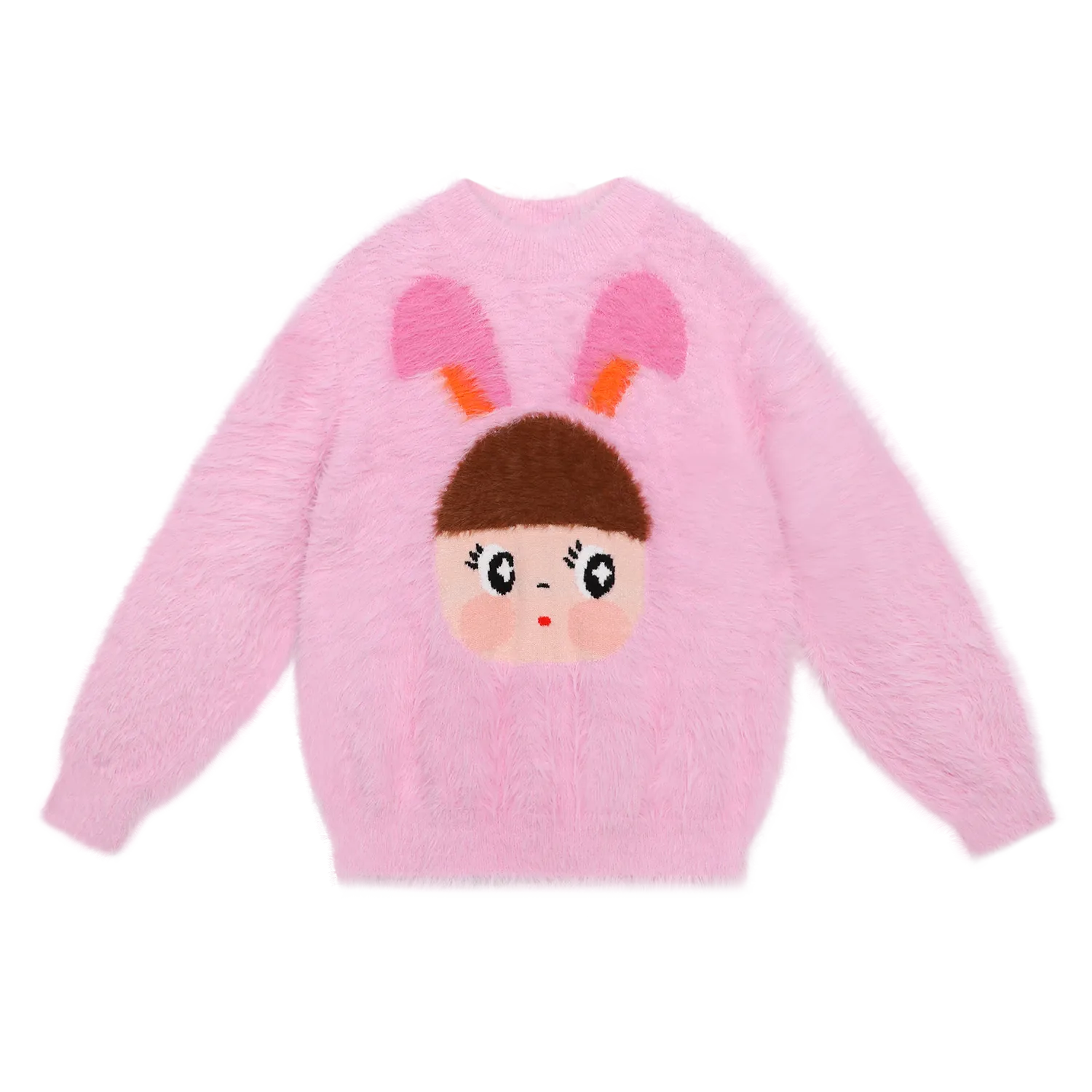 Poco Blush Fringe Cat & Bunny Jacquard Sweater Pink