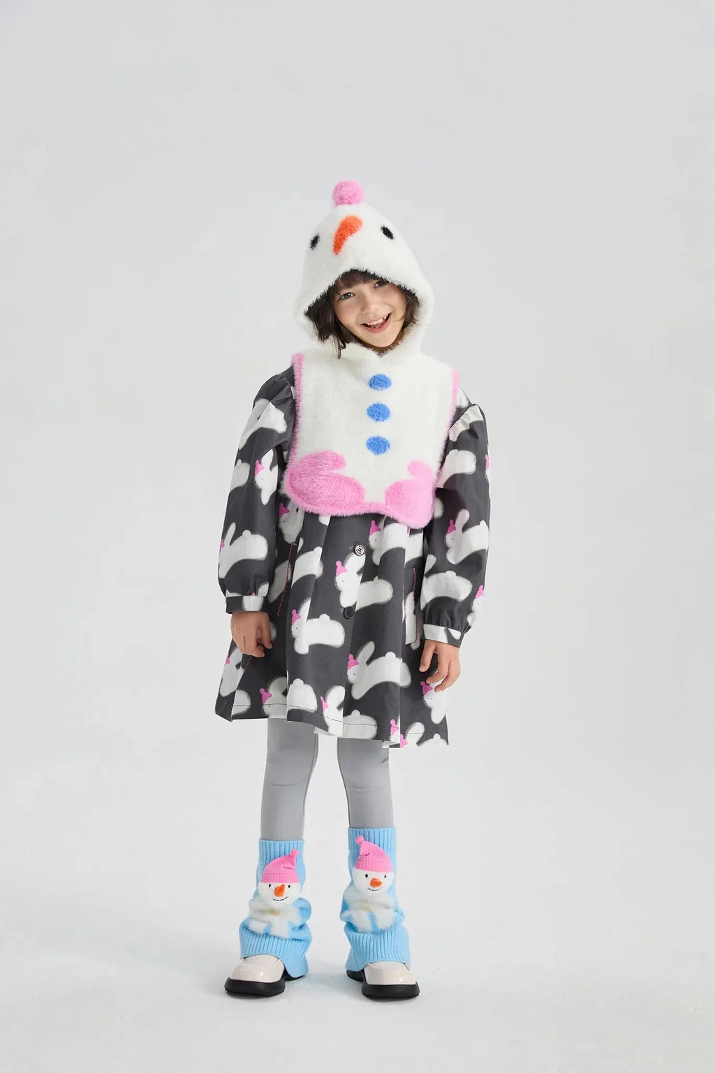 Poco Blush Bunny & Snowman Cotton Trench Coat + Vest