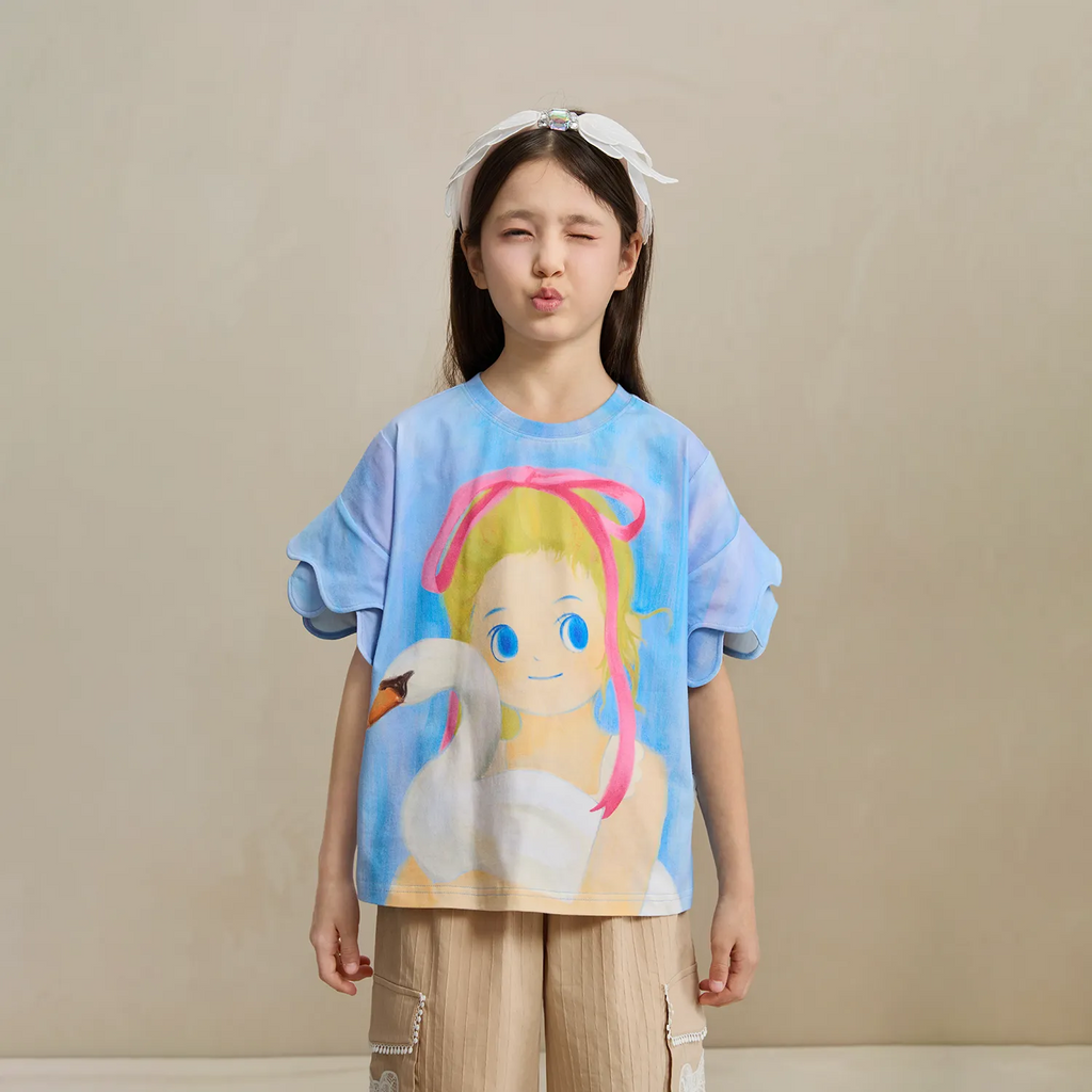 Poco Blush Swan Girl Ruffle Sleeve Tee