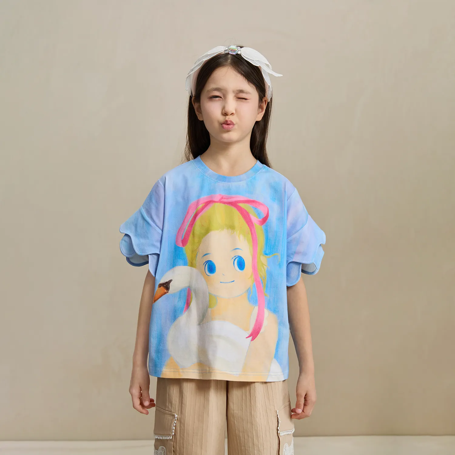Poco Blush Swan Girl Ruffle Sleeve Tee