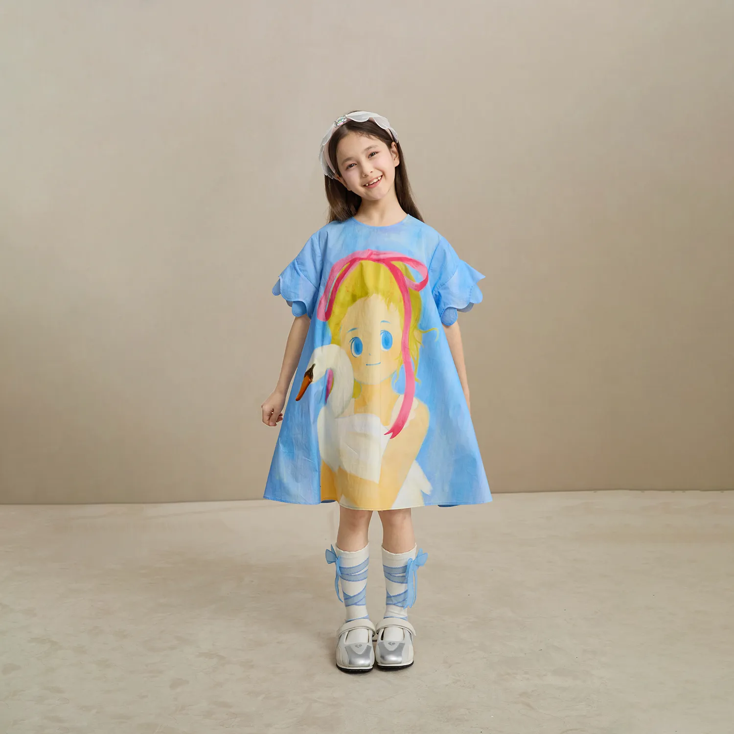 Poco Blush Swan Girl Ruffle Sleeve Dress