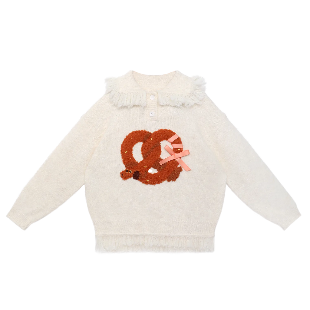 Poco Blush Twisted Bread Dog Alpaca-Feel Knit Sweater White