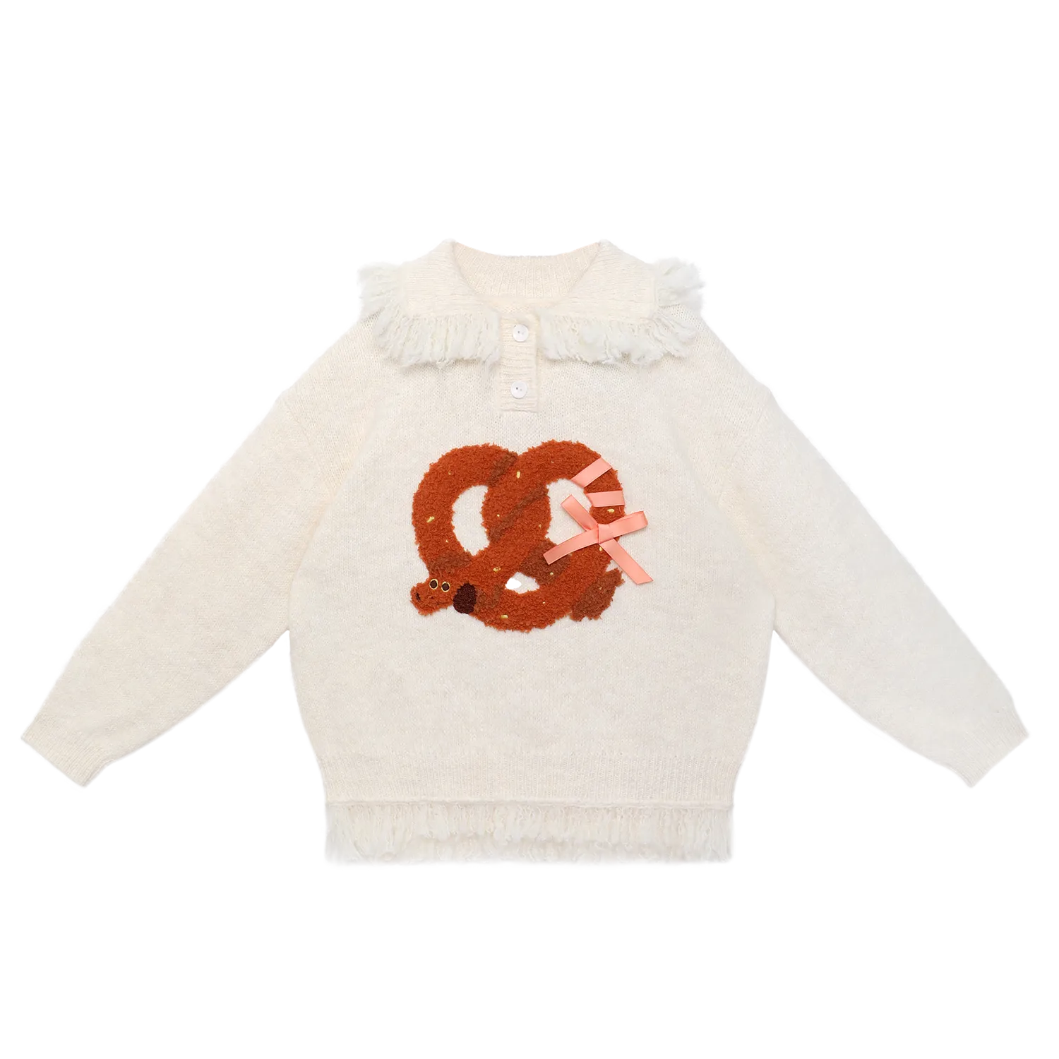 Poco Blush Twisted Bread Dog Alpaca-Feel Knit Sweater White