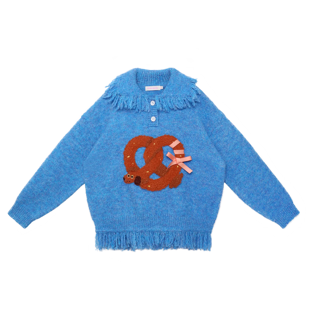 Poco Blush Twisted Bread Dog Alpaca-Feel Knit Sweater Blue