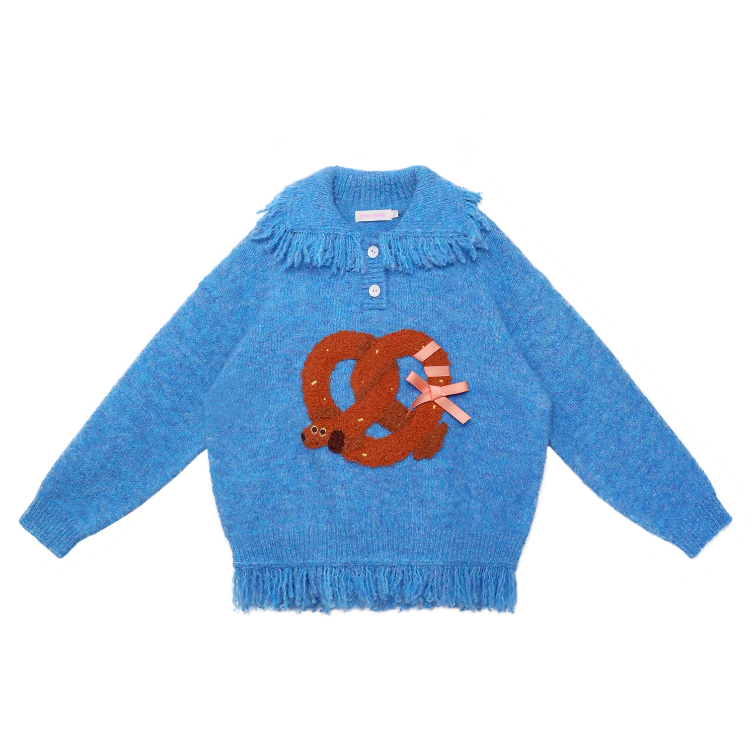 Poco Blush Twisted Bread Dog Alpaca-Feel Knit Sweater Blue