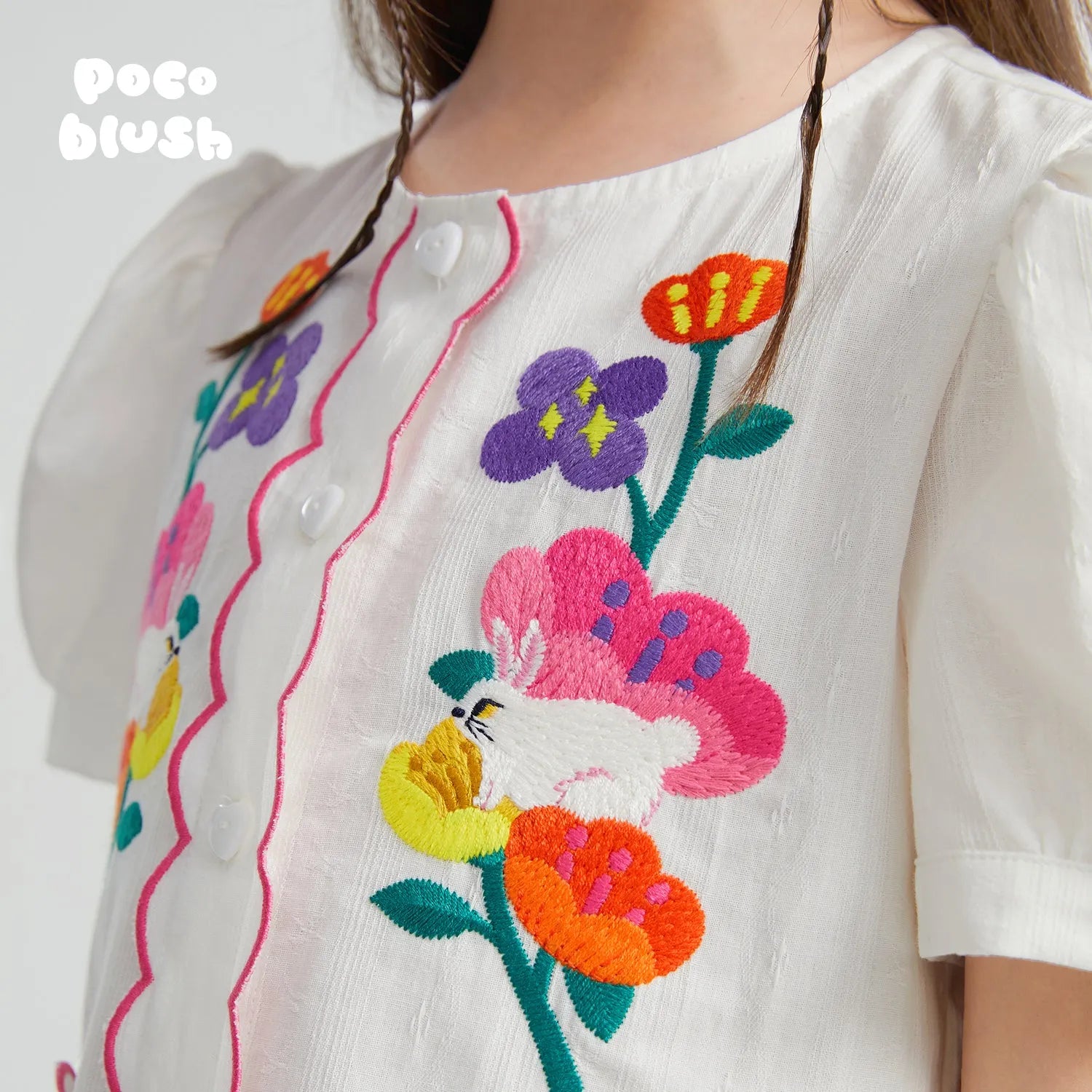 Poco Blush Rabbit-in-Bloom Embroidered Shirt