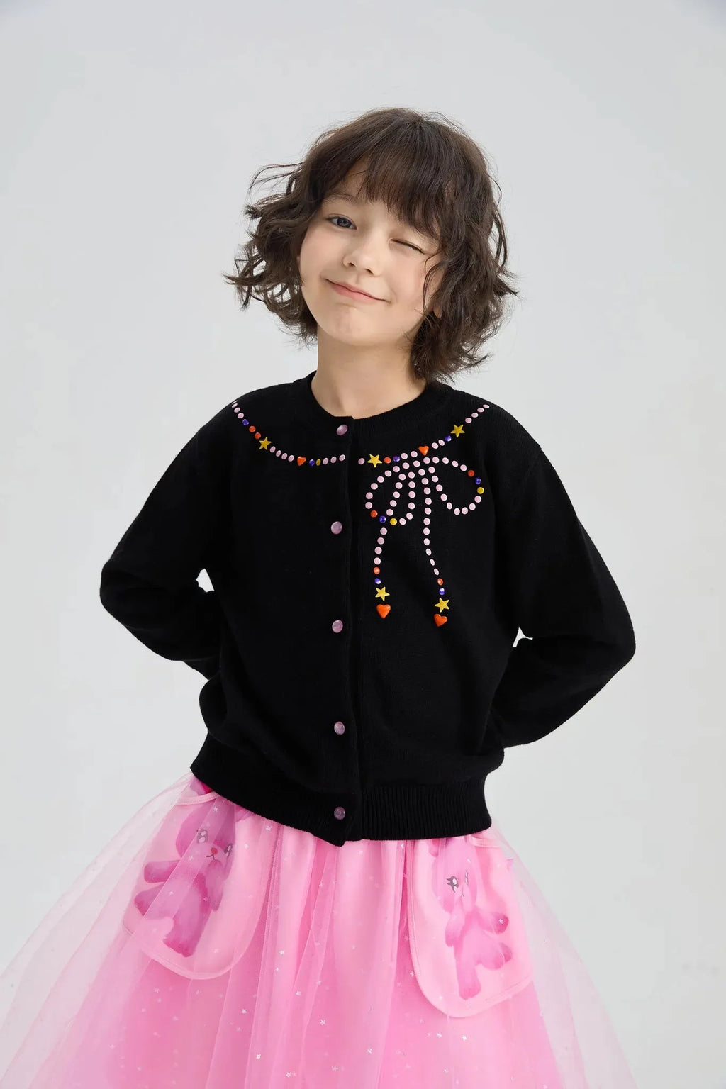 Poco Blush Sparkling Bow Cashemere-Cotton Knit Cardigan