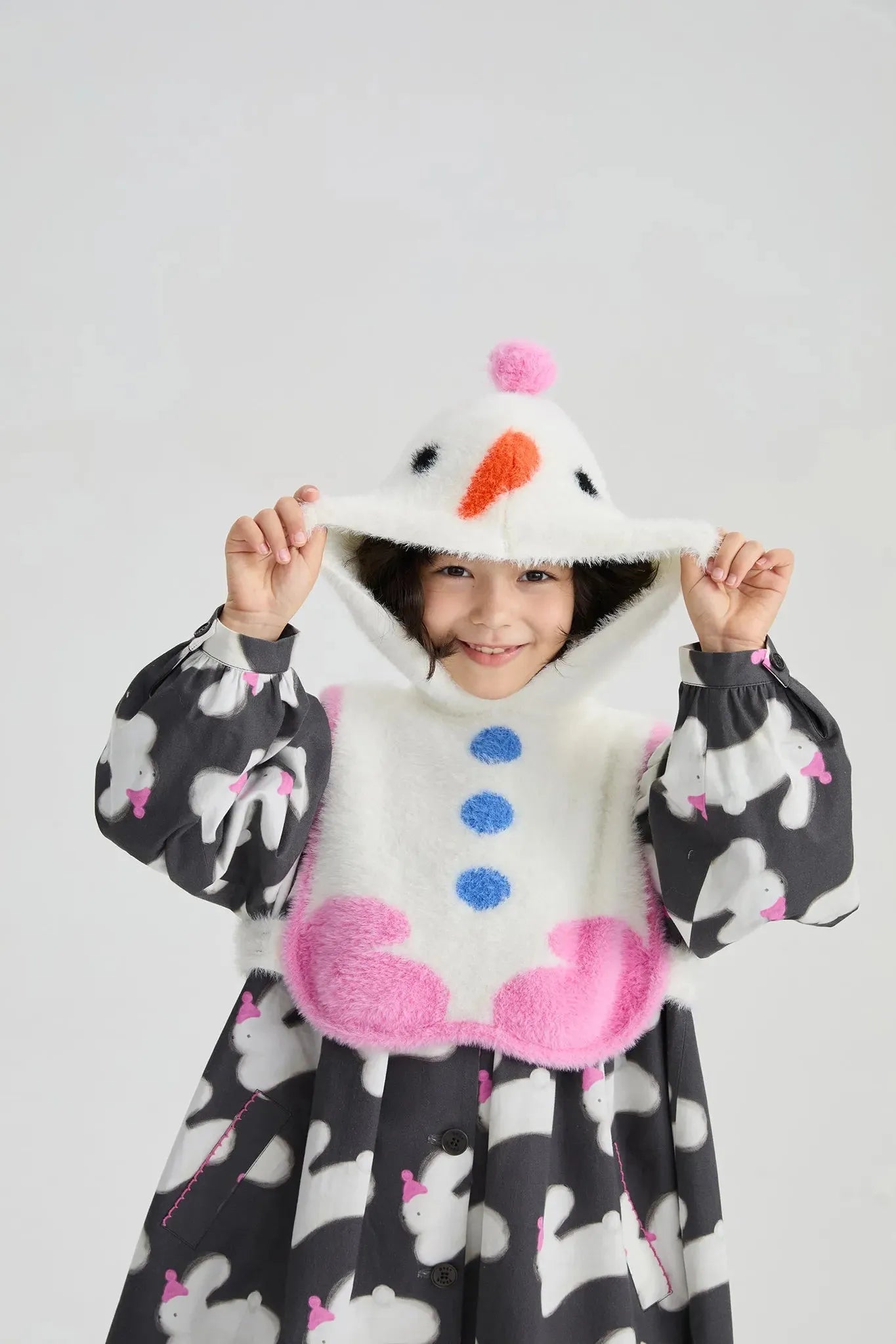 Poco Blush Bunny & Snowman Cotton Trench Coat + Vest