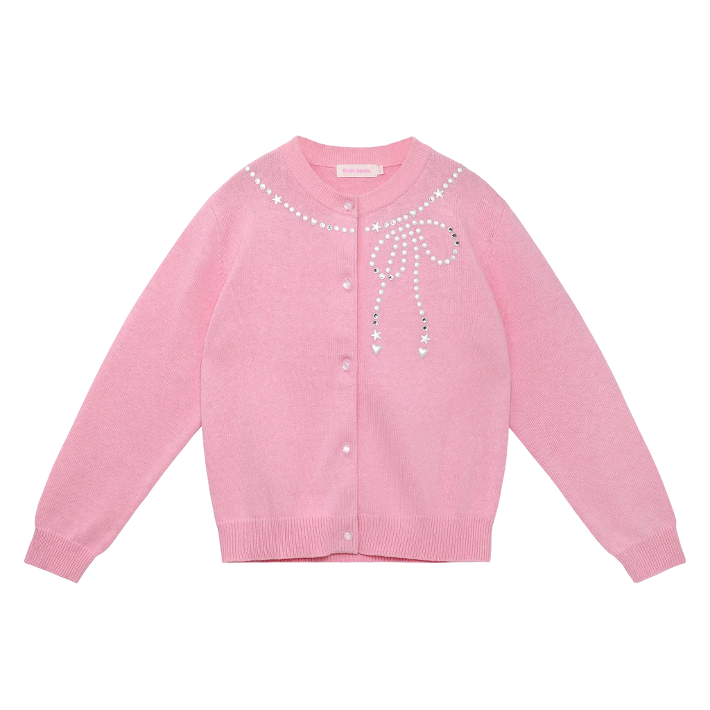 Poco Blush Sparkling Bow Cashemere-Cotton Knit Cardigan Pink