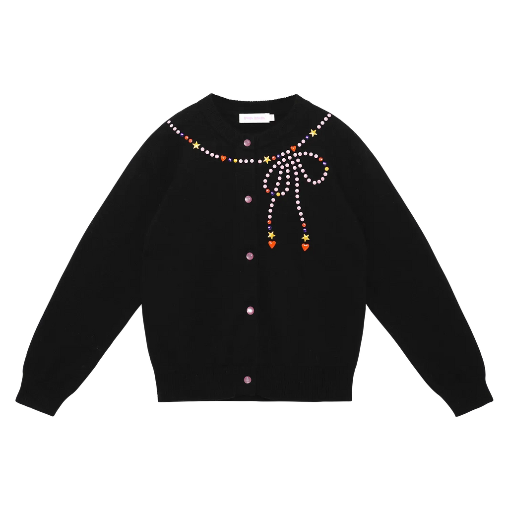 Poco Blush Sparkling Bow Cashemere-Cotton Knit Cardigan Black