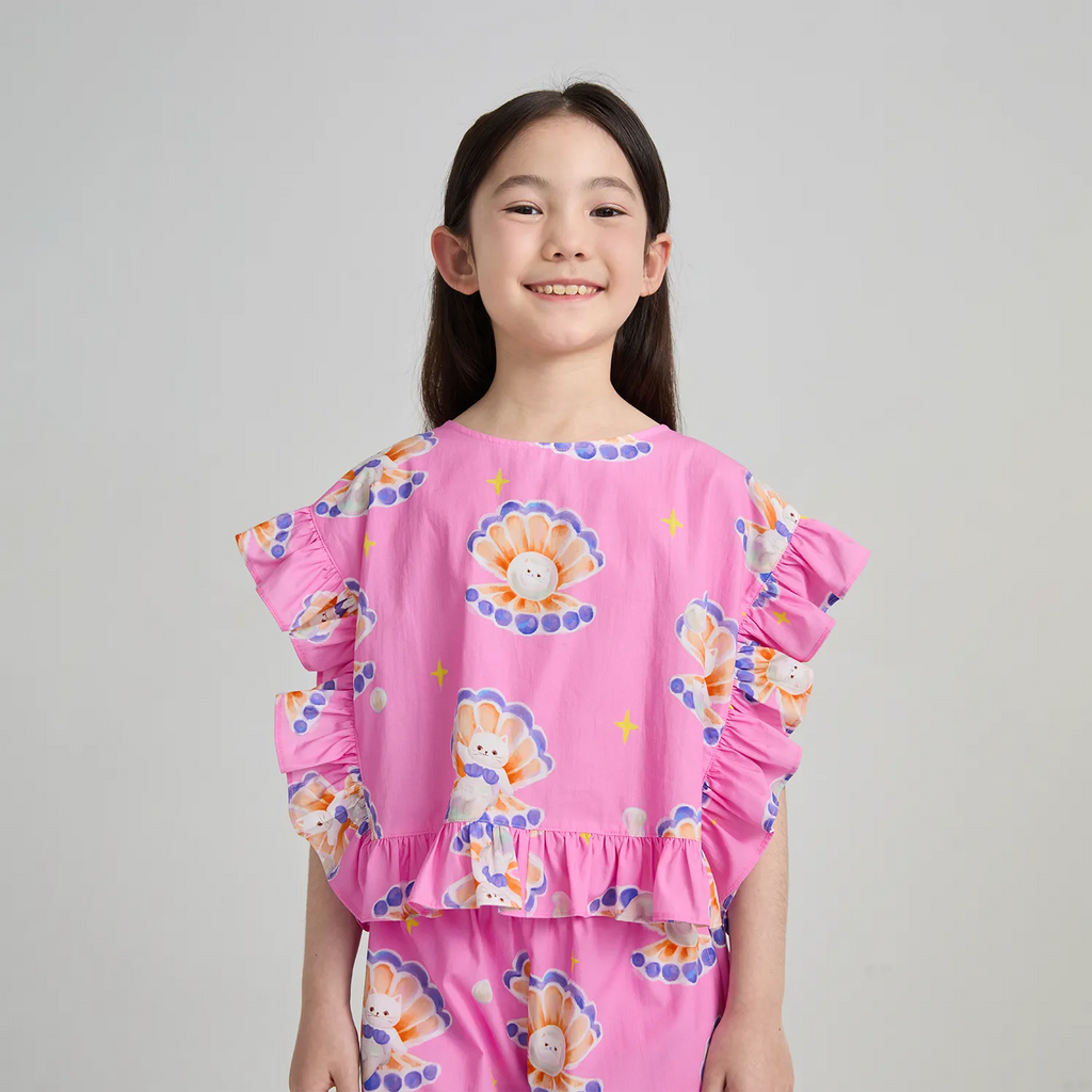 Poco Blush Pearl Cat Cotton Ruffle Top