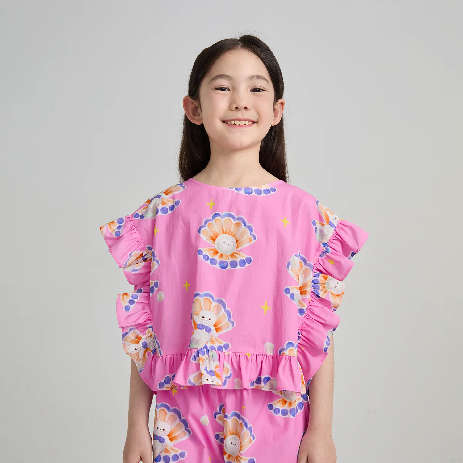 Poco Blush Pearl Cat Cotton Ruffle Top