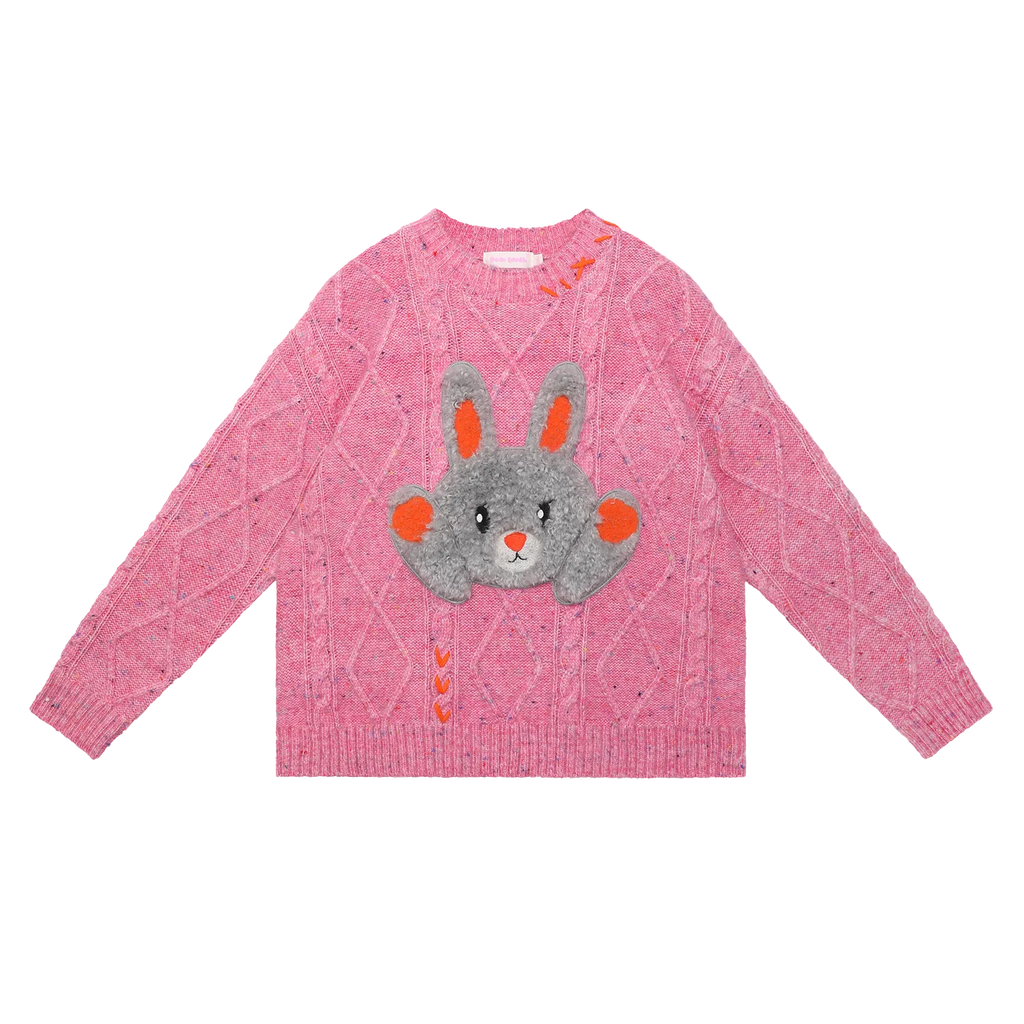 Poco Blush Hello Bunny & Snowman Cable Knit Sweater Pink