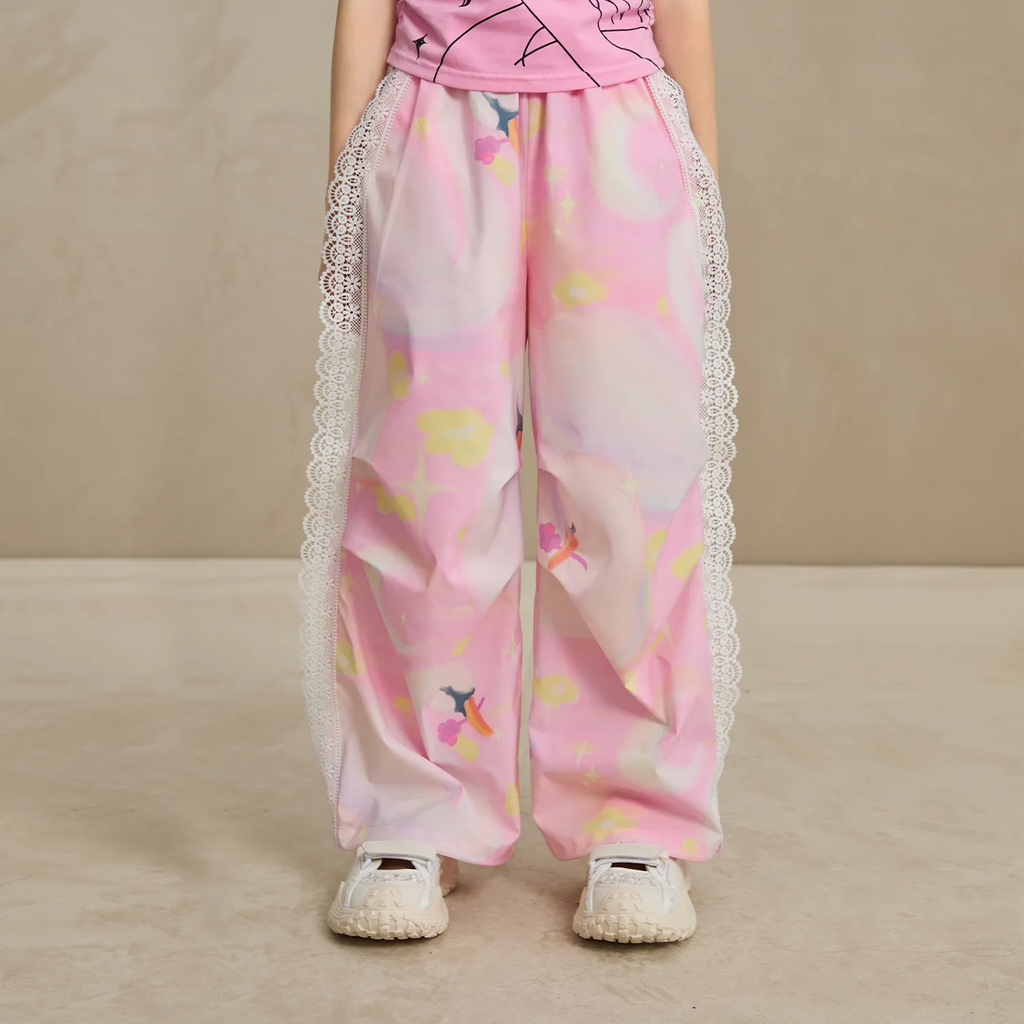 Poco Blush Swan Dream Parachute Pants with Lace Panels