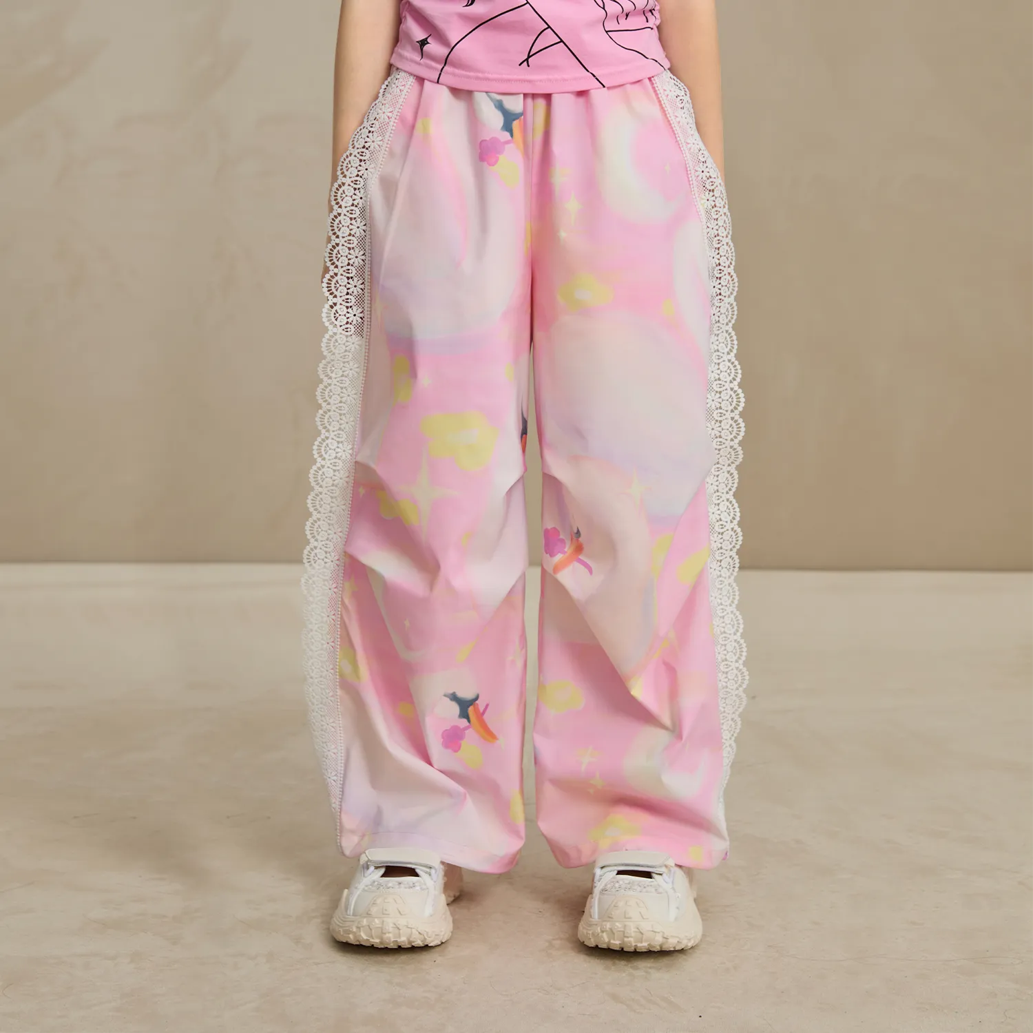 Poco Blush Swan Dream Parachute Pants with Lace Panels