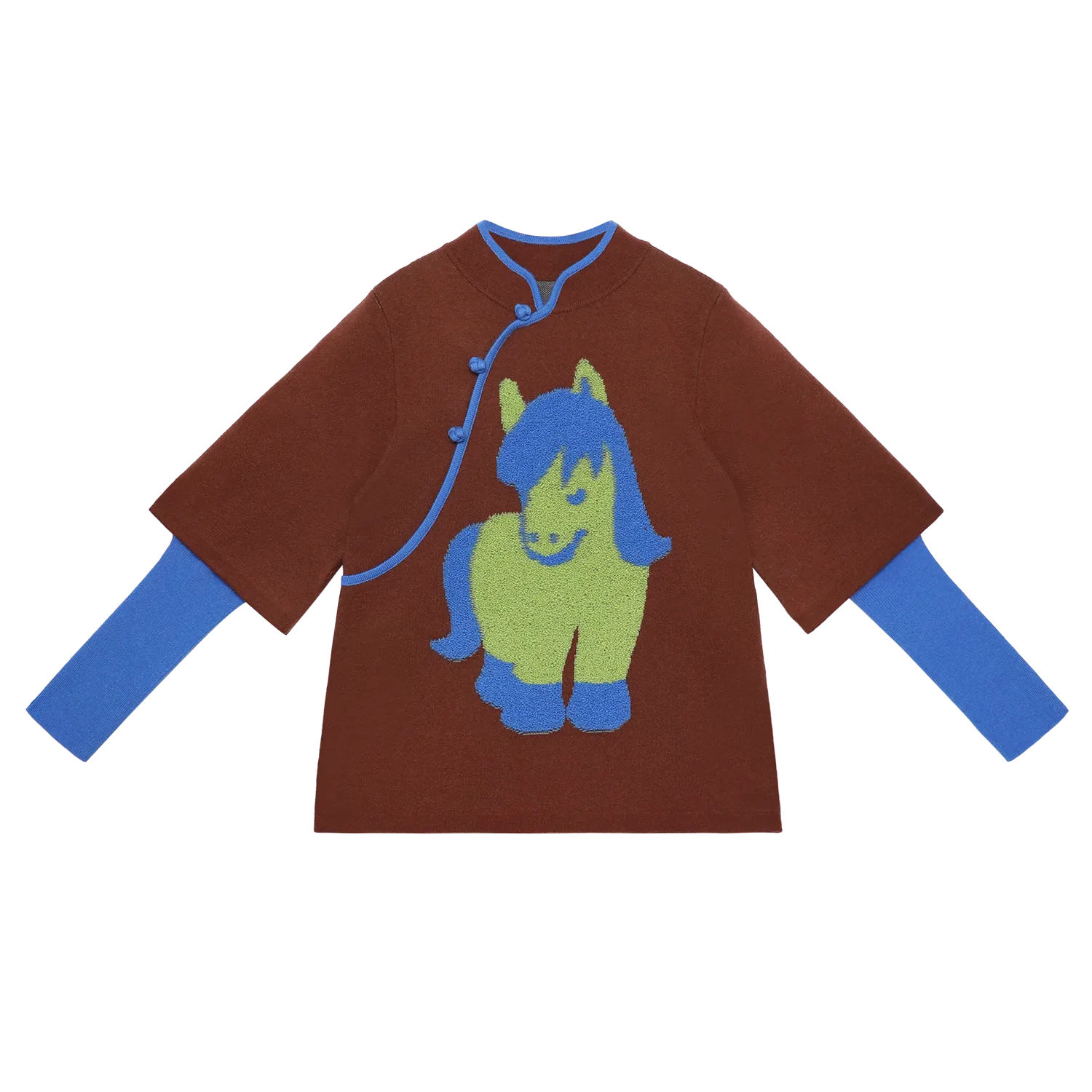 Poco Blush "The Year of Horse" Lunar New Year Knit Sweater with Frog Buttons Brown