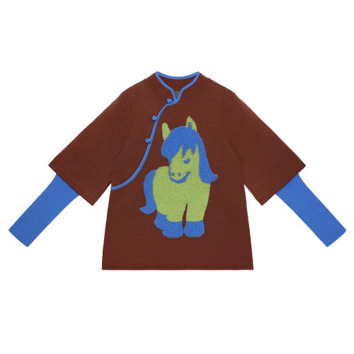 Poco Blush "The Year of Horse" Lunar New Year Knit Sweater with Frog Buttons Brown