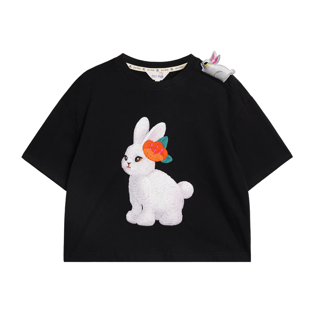 Poco Blush Ink-Black Rabbit & Camellia Cotton Tee
