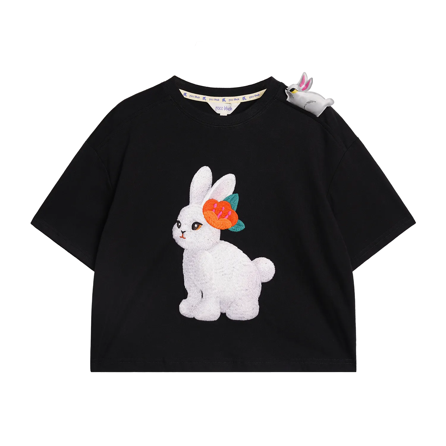 Poco Blush Ink-Black Rabbit & Camellia Cotton Tee