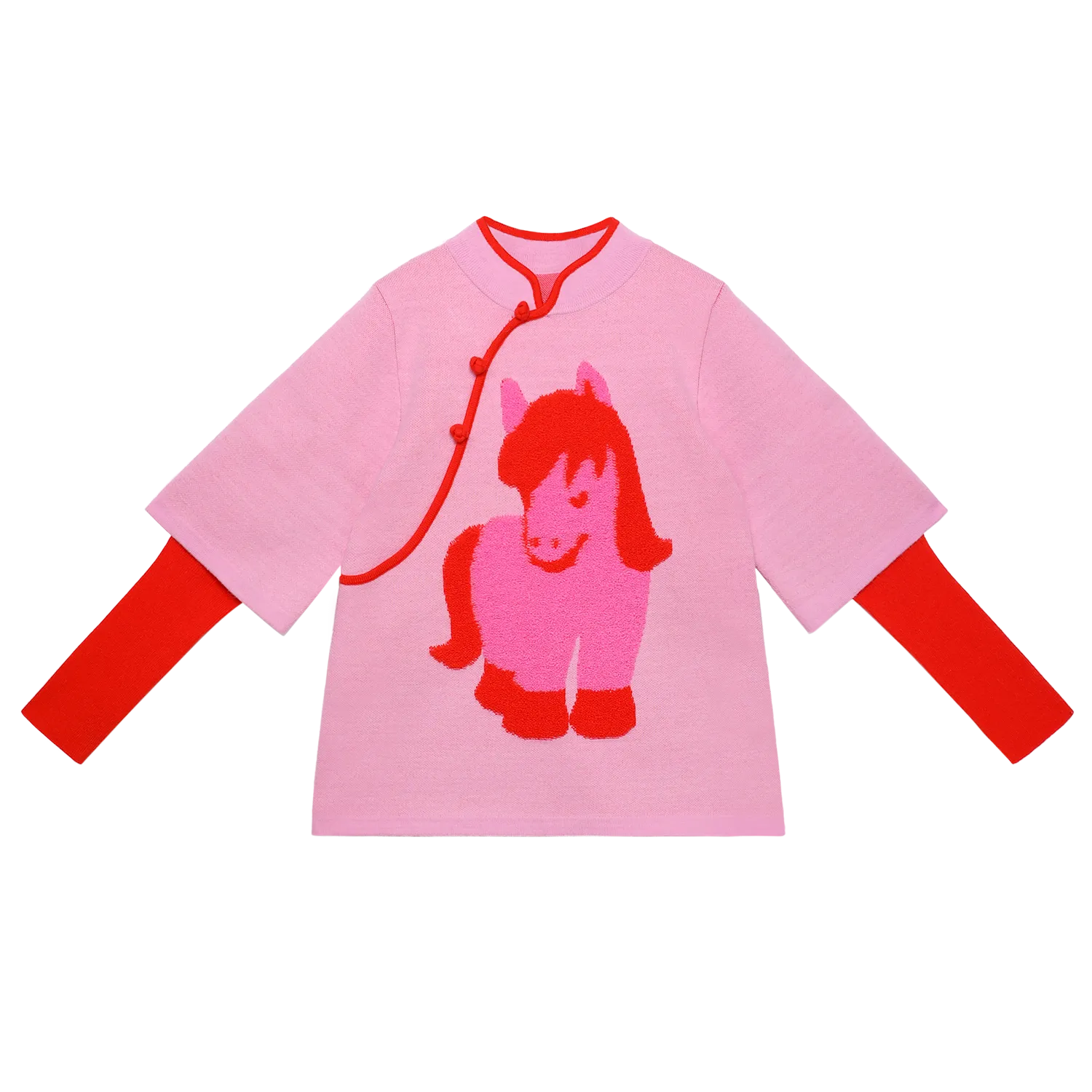 Poco Blush "The Year of Horse" Lunar New Year Knit Sweater with Frog Buttons Pink